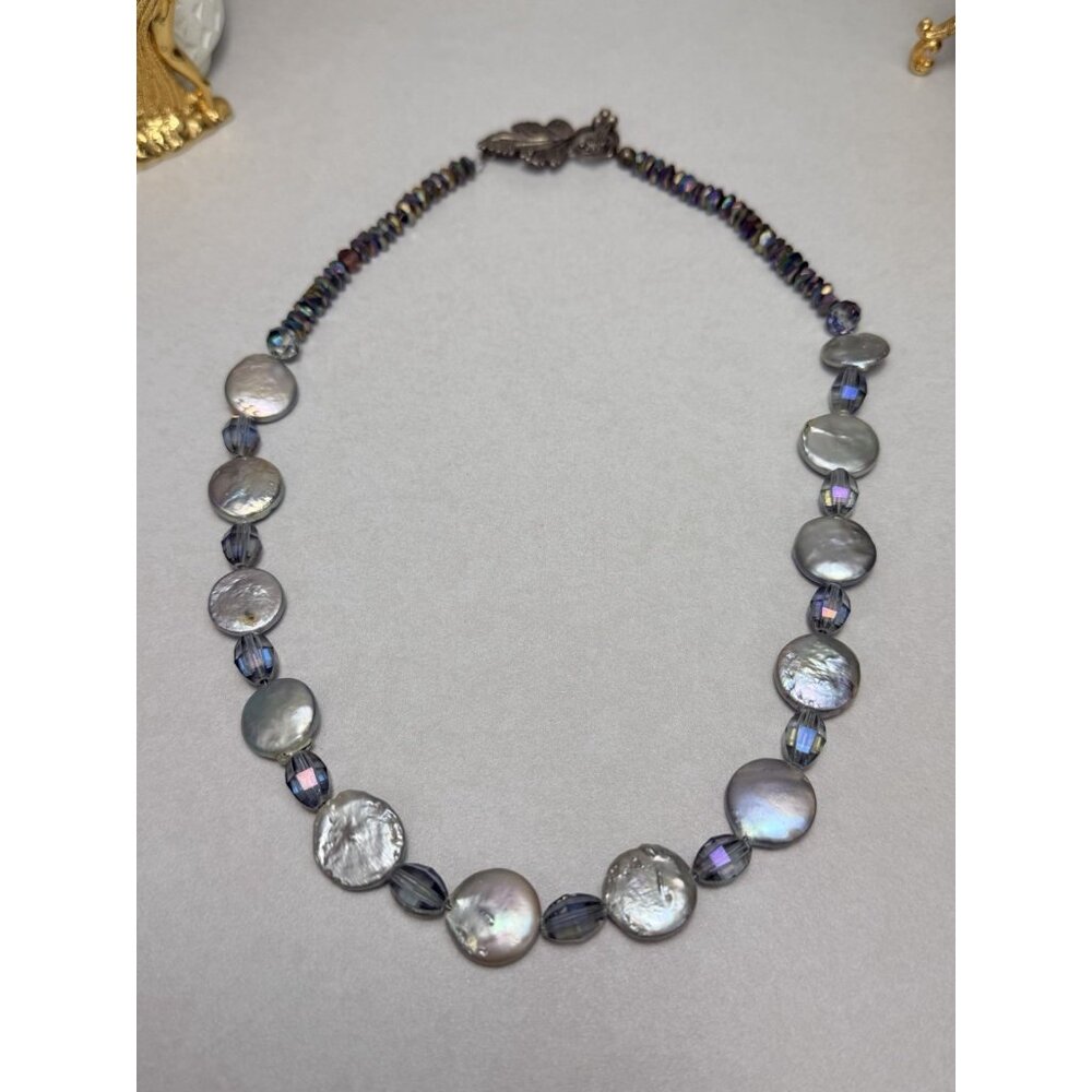 Vintage Coin Pearl Crystal Necklace Leaf Toggle Clasp Elegant Statement 20"